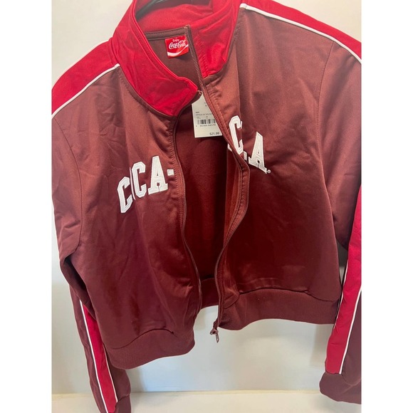 Women's Coca-Cola Graphic Burgundy Red Zip Up Crop Track Jacket Size Medium - Picture 2 of 3